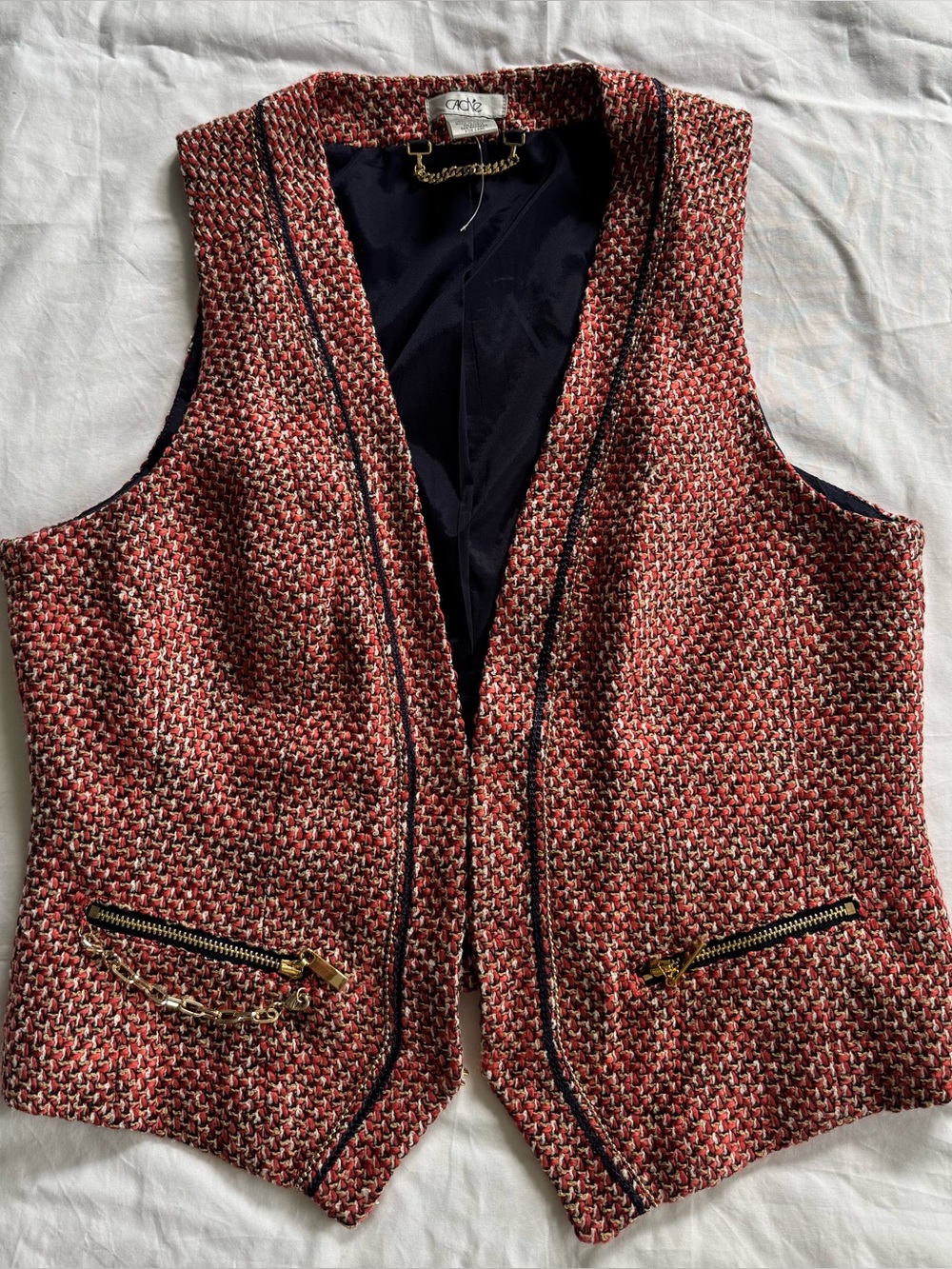 Cache Wool Tweed Military Inspired Vest Waistcoat 6 Preppy Classic $128 Academia
